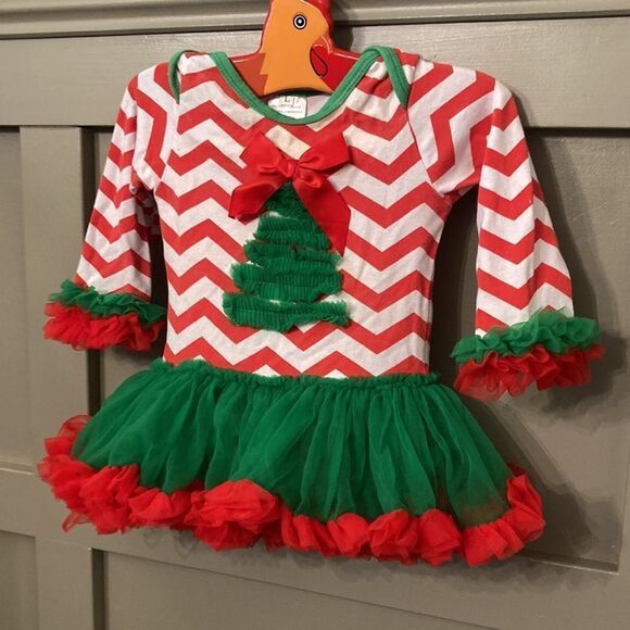 BABY Girl Infant Christmas Tree Elf Tutu Dress Chevron Tulle Red & Green - Picture 3 of 7